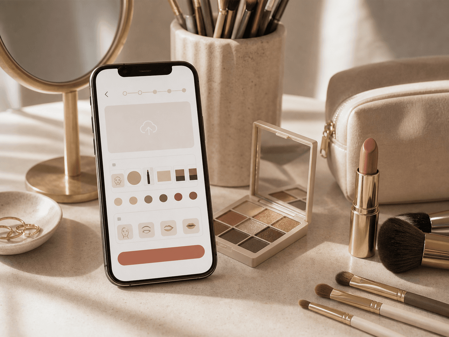 Phone and makeup products prepared for an AI look upload